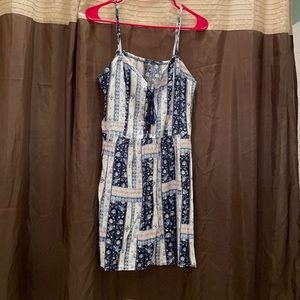 Blue and white summer dress. Sweetheart neckline.